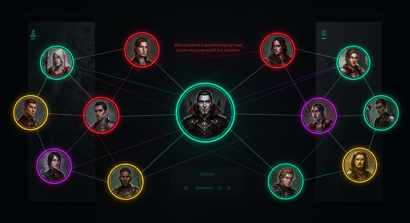 AI-generated relationship web showing character connections, alliances, and conflicts in a D&D campaign