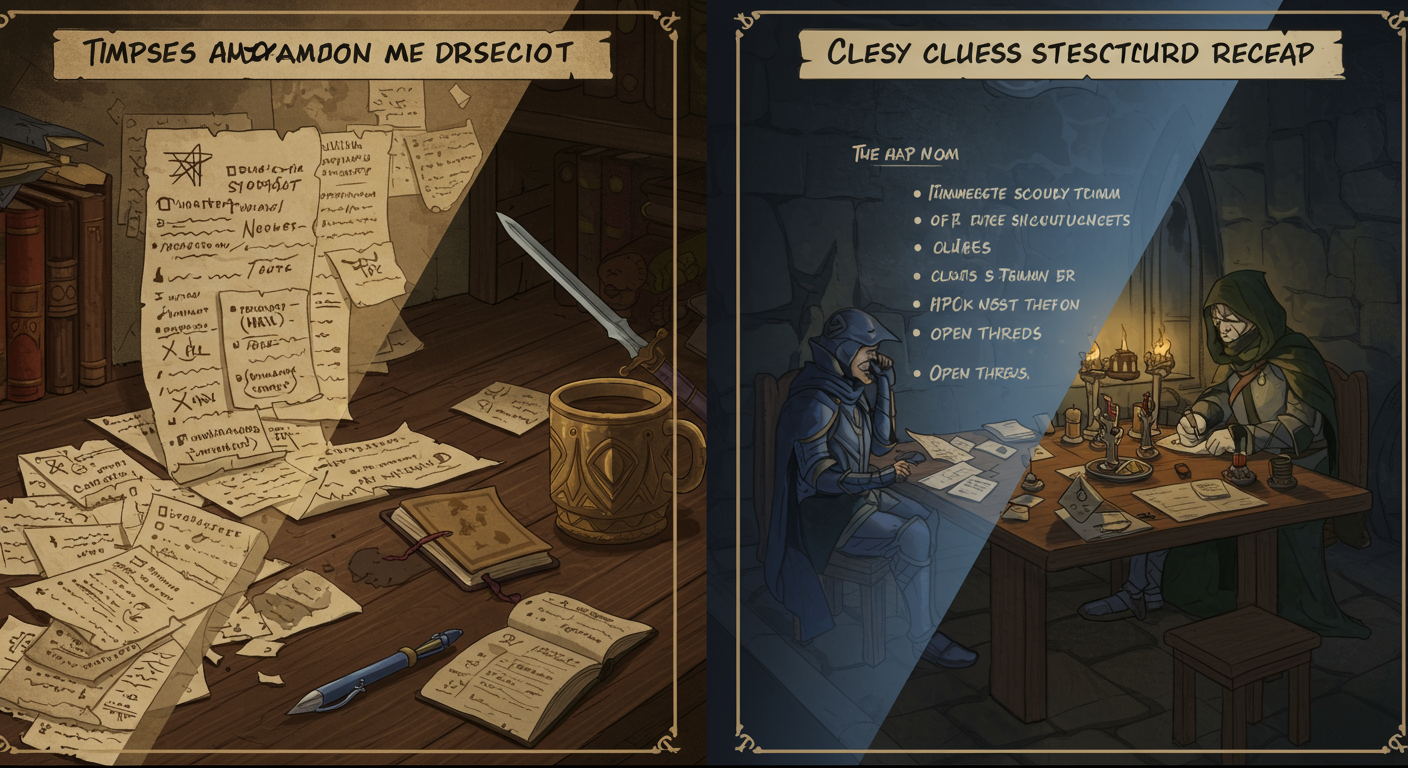 Messy notes transformed into a structured D&D session recap with clear clues, NPCs, and open threads