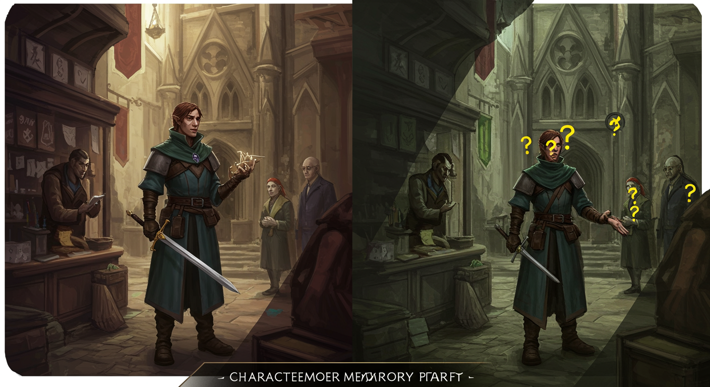 Character vs Player Memory - Split screen showing clear character memories vs fragmented player memories